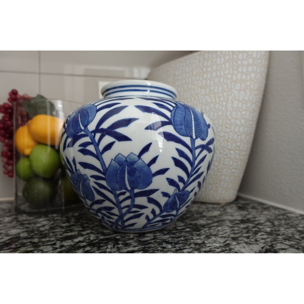 Blue and White Floral Ceramic Vase Round Decorative Accent Vase